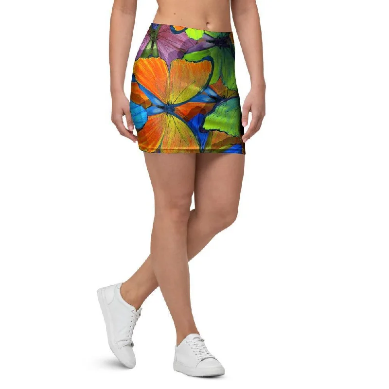 Multicolor Butterfly Print Mini Skirt elastic waist skirt