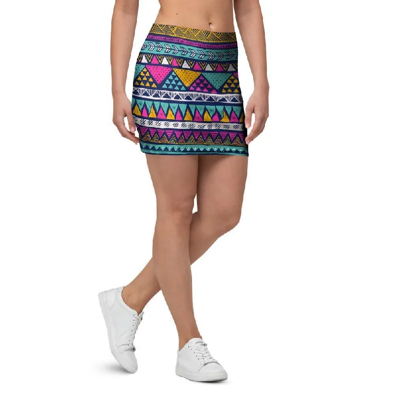 Multicolor Indian Aztec Geometric Art Mini Skirt cashmere skirt soft