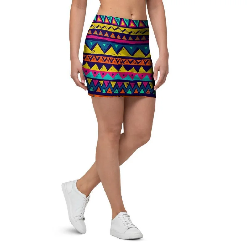 Multicolor Native Aztec Abstract Geometric Mini Skirt athletic skirt fit