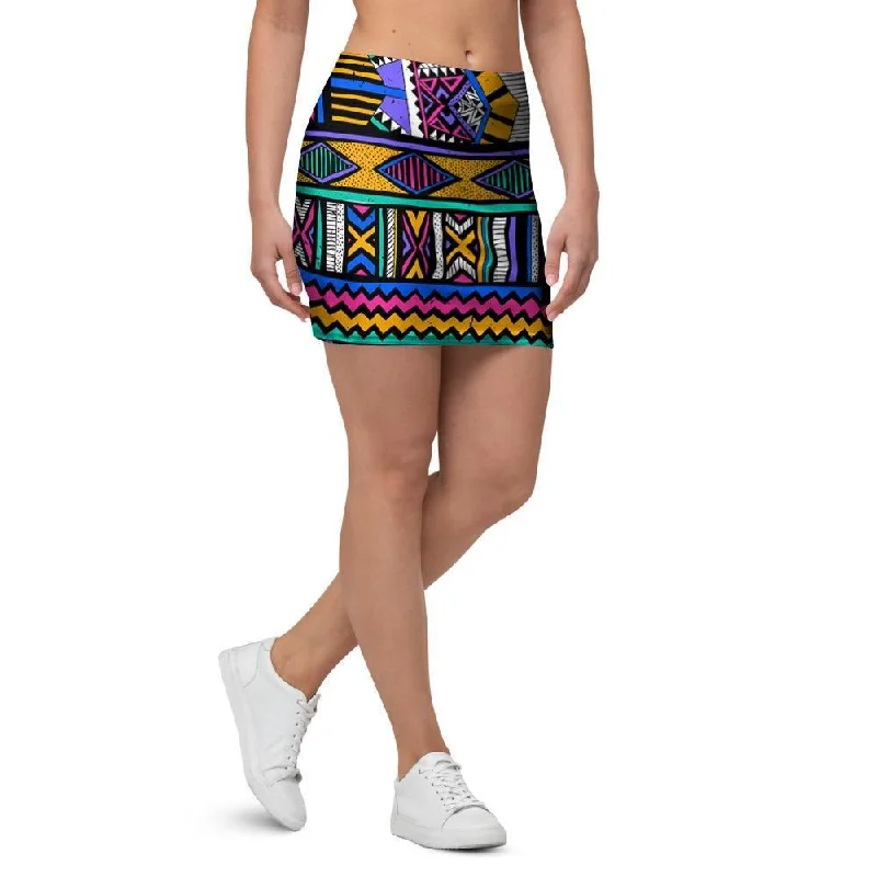 Multicolor Native Aztec Doodle Element Mini Skirt denim skirt classic