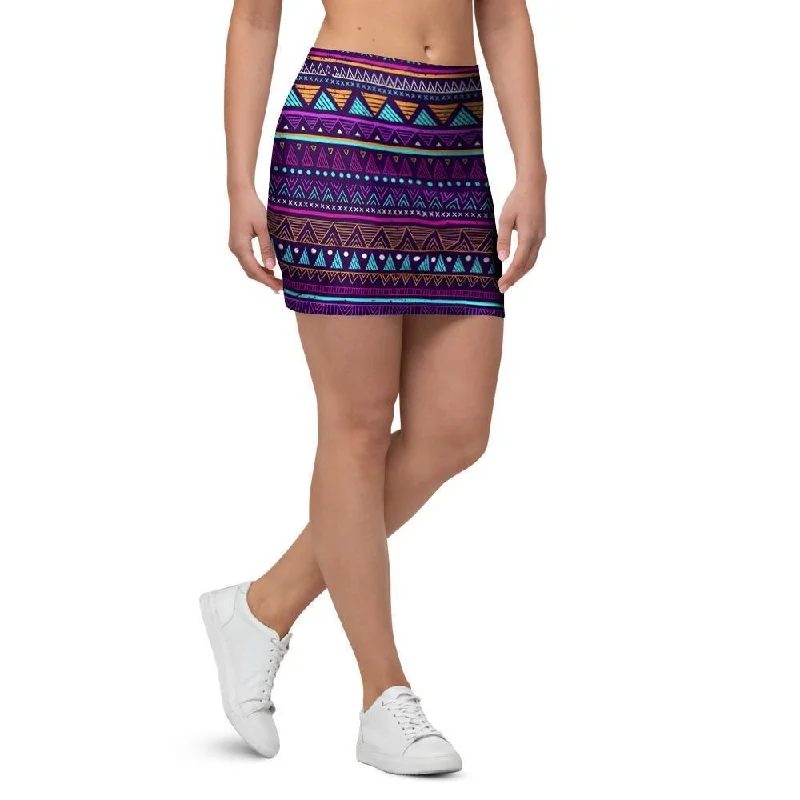 Multicolor Native Aztec Doodle Striped Mini Skirt denim skirt fashionable