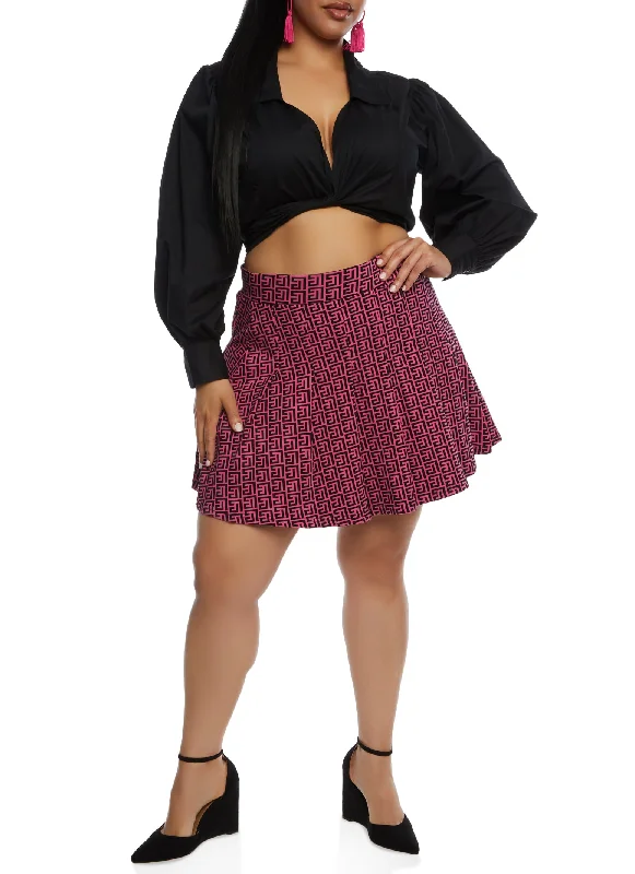 Plus Size Greek Key Pleated Skirt wool skirt sturdy