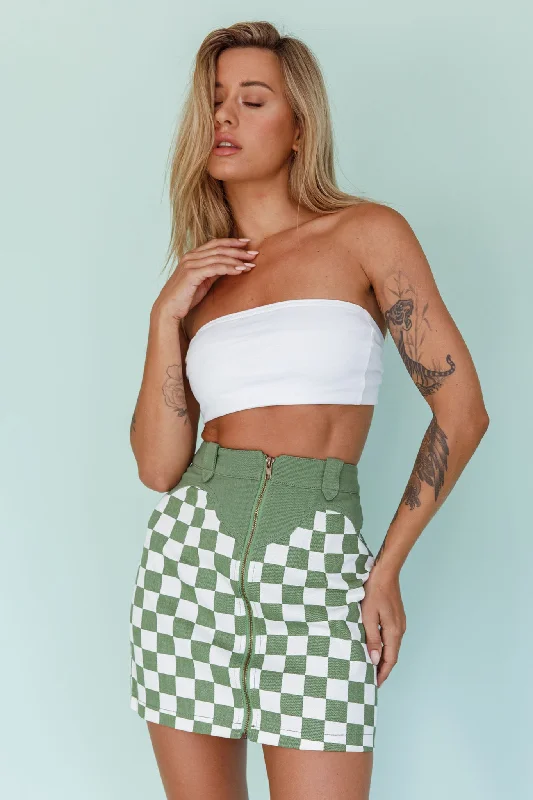 Rewind Zipper Front Mini Skirt Checkered Green denim skirt casual