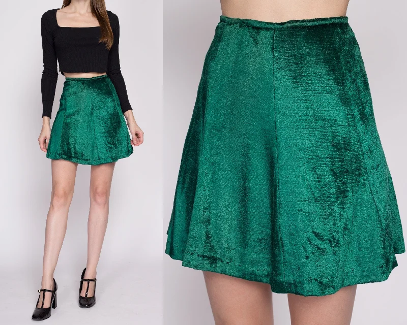 Small 60s Green Velvet Mini Skirt 26" elastic waist skirt