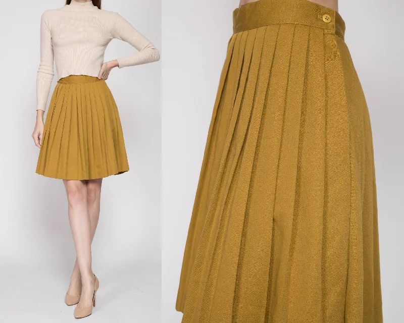 Small 80s Mustard Yellow Pleated Mini Skirt 25.5" relaxed fit skirt