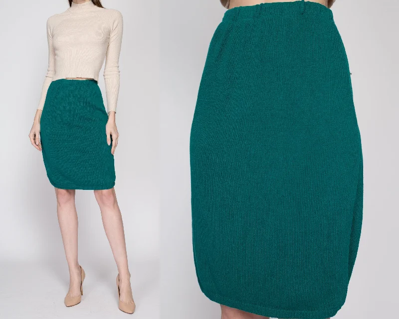 Small 80s Pierre Cardin Teal Knit Pencil Skirt flowy skirt hem