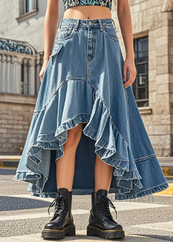 Style Blue Ruffled Exra Large Hem Denim Skirts Spring boho skirt vibe