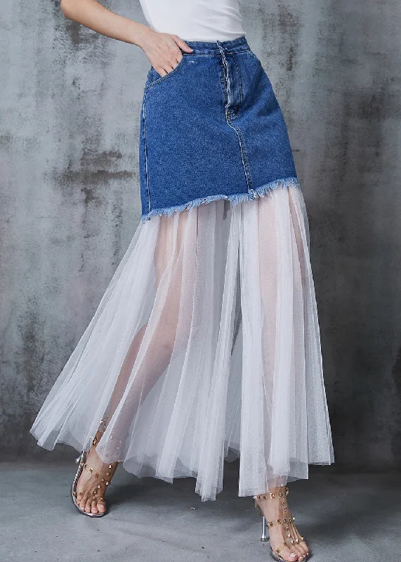 Style Denim Blue Patchwork Tulle Wear On Both Sides Skirt Summer flowy skirt hem