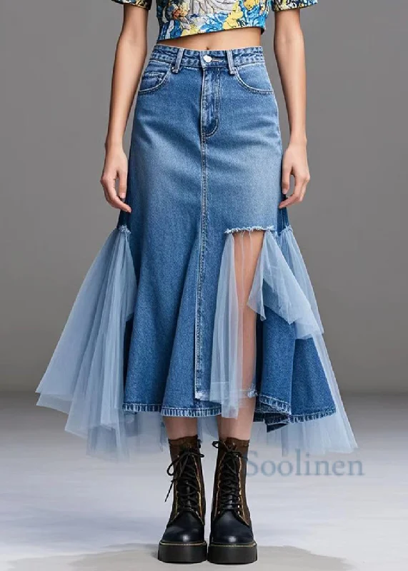 Stylish Blue Asymmetrical Patchwork Tulle Denim Ripped Skirts Fall velvet skirt glossy