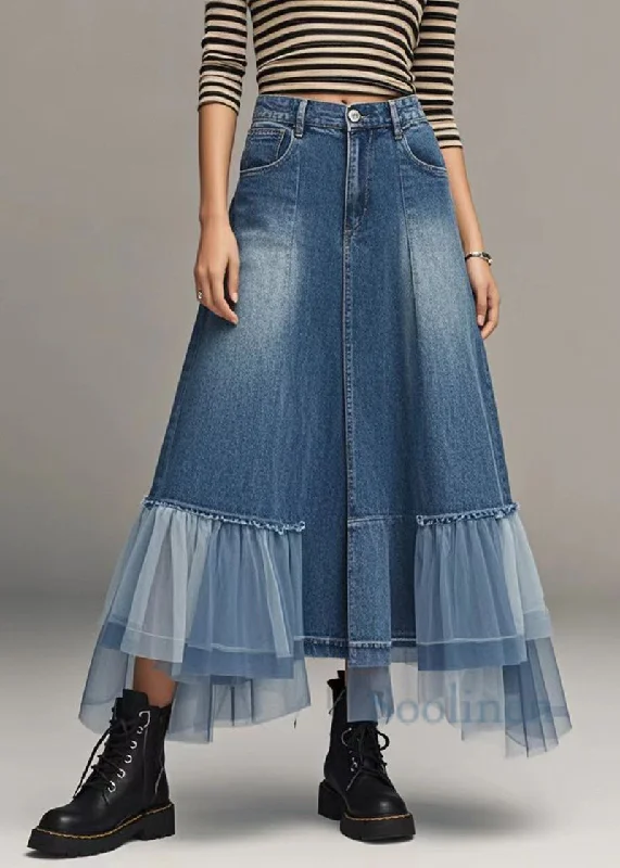 Stylish Blue High Waist Patchwork Tulle Denim A Line Skirts Spring midi skirt versatile