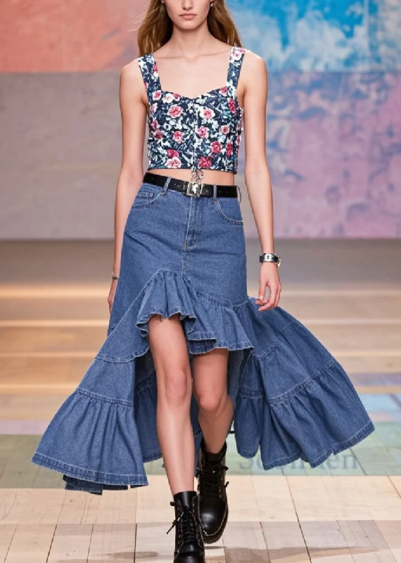 Stylish Blue Ruffles Patchwork Low High Design Denim Wraped Skirts Spring corduroy skirt textured