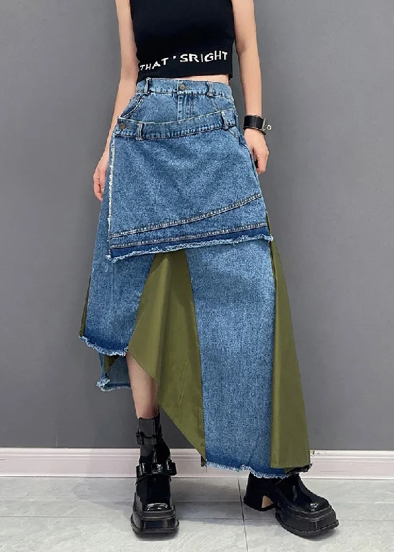 Stylish Green Asymmetrical Patchwork Denim Skirt Summer chiffon skirt flowing