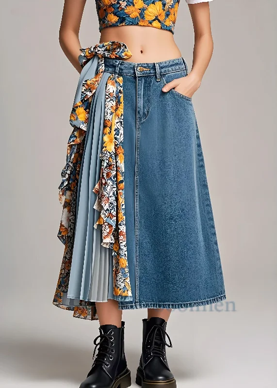 Stylish Navy Asymmetrical Patchwork Wrinkled Denim Skirts Spring breathable skirt fabric