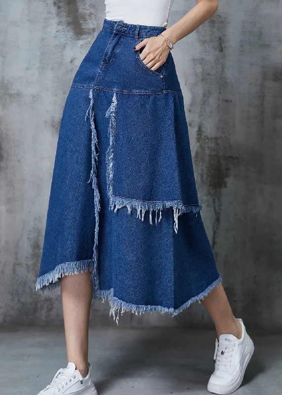 Women Navy Asymmetrical Patchwork Denim Skirt Summer button skirt front