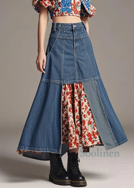 Women Navy High Waist Patchwork Denim A Line Skirts Spring elastic waist skirt