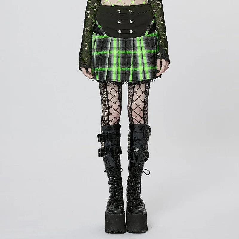 Women's Grunge Double Color Plaid Pleated Skirt leather skirt durable